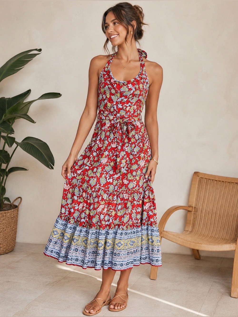 NWT by GLM Clothing Red Floral Maxi Dress with Blue Border Hem Size M.